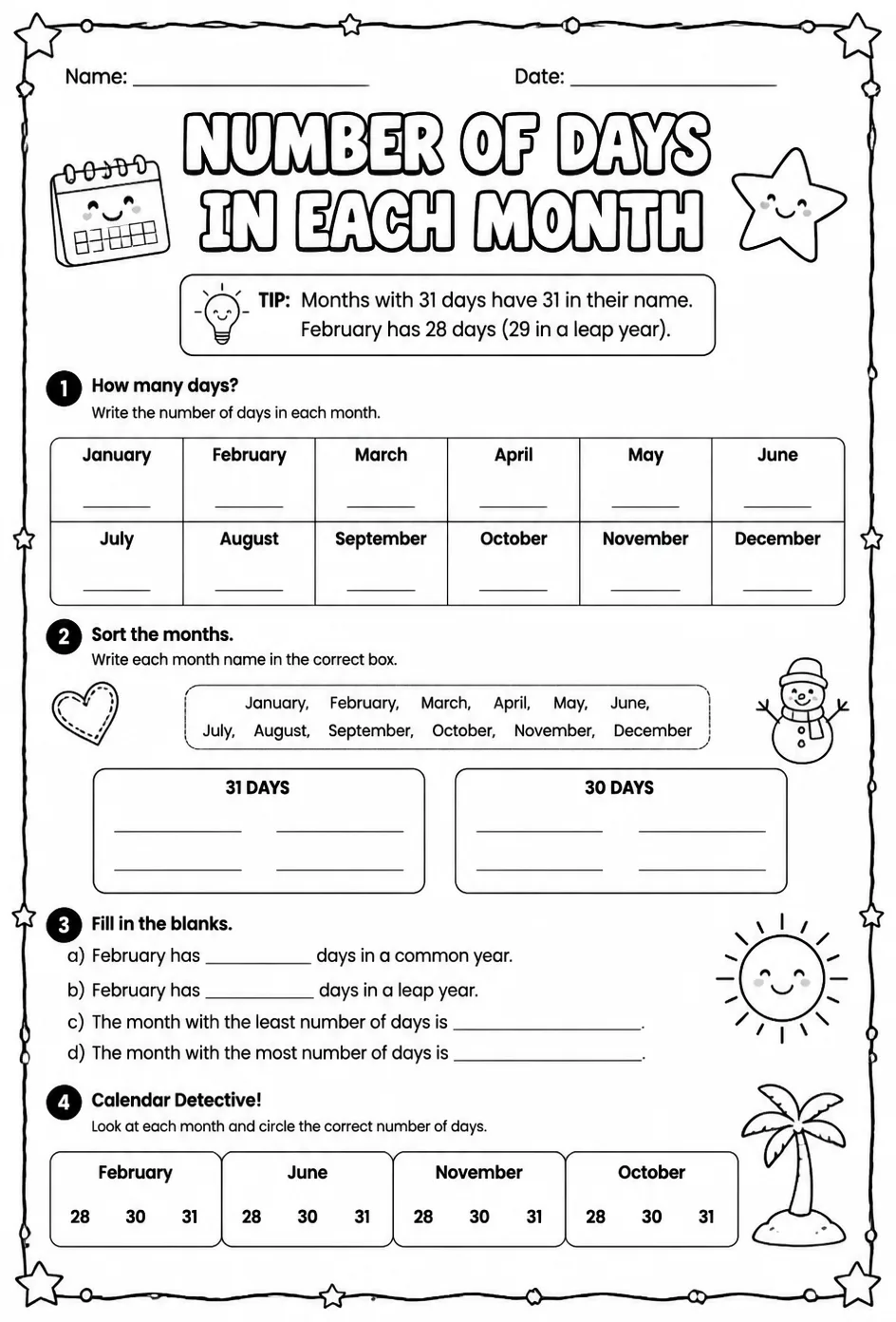 Number of days in each month — free printable Grade 2 math worksheet