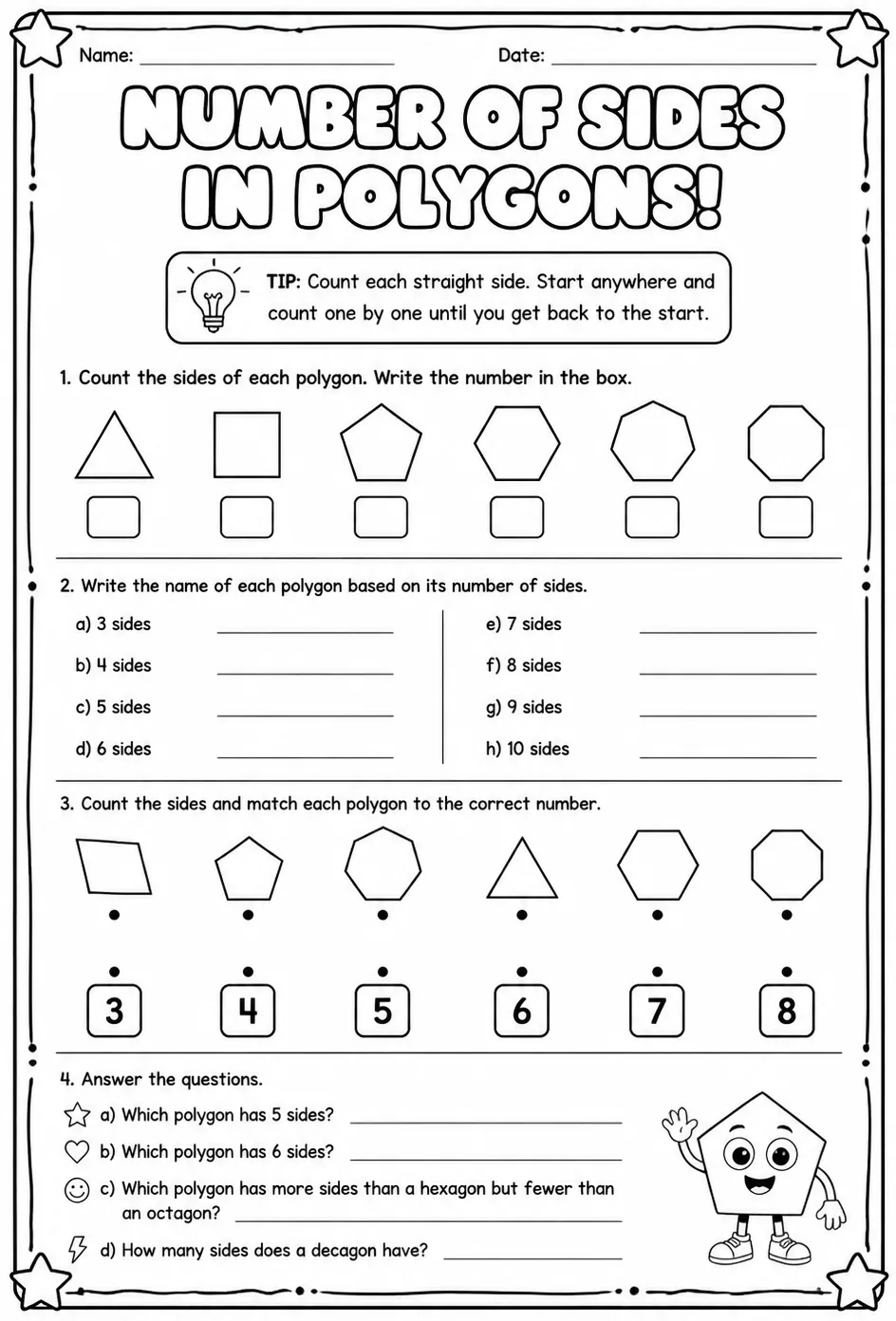 Number of sides in polygons — free printable Grade 5 math worksheet