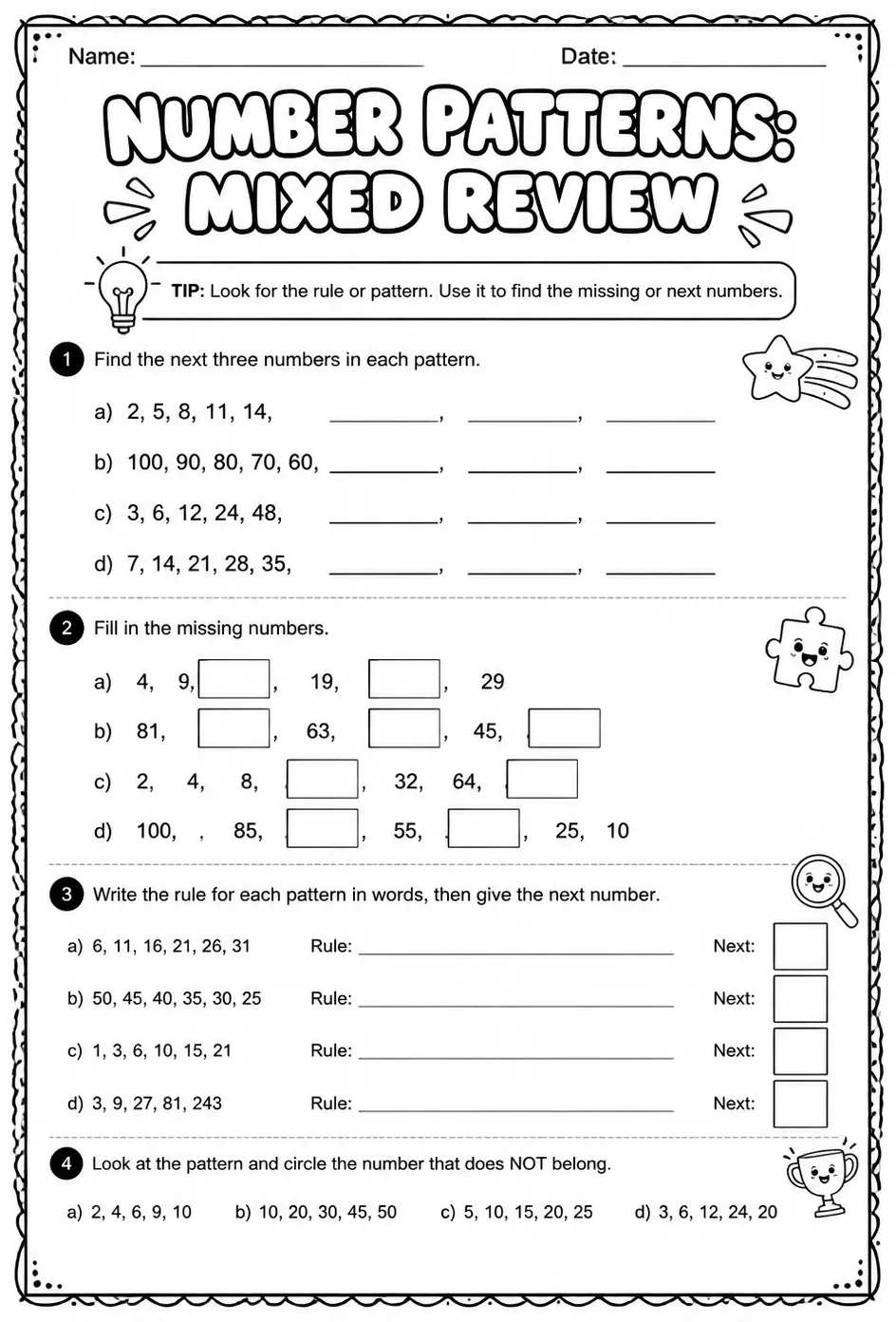 Number patterns: mixed review — free printable Grade 4 math worksheet