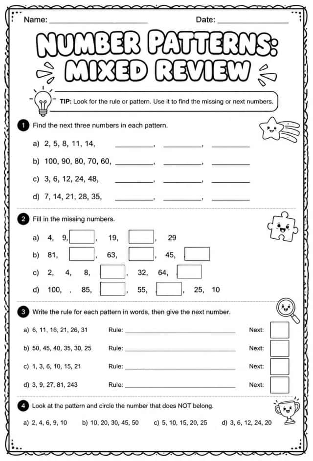 Number patterns: mixed review