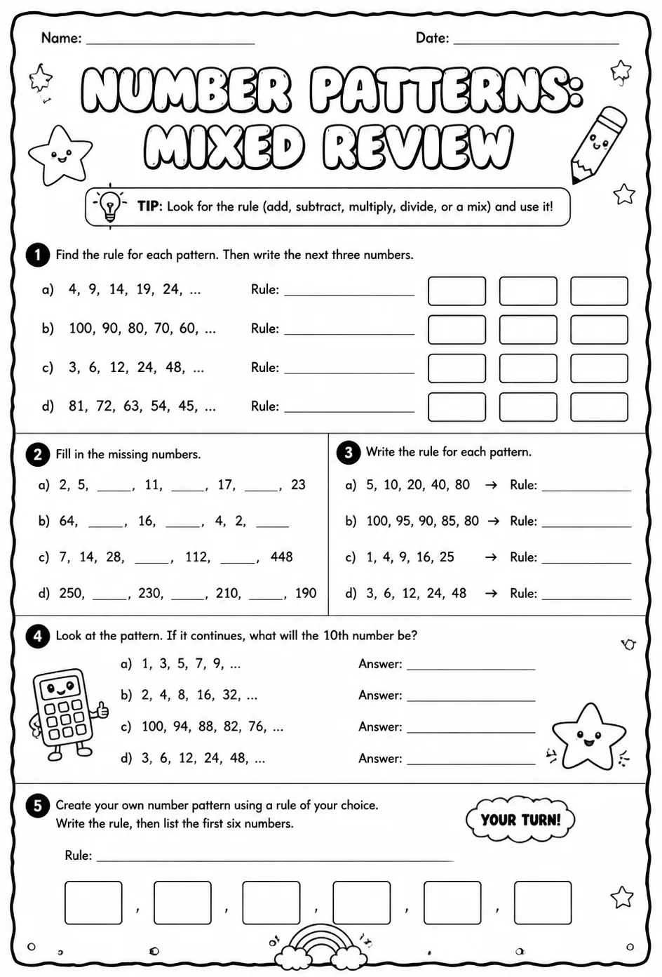 Number patterns: mixed review — free printable Grade 5 math worksheet