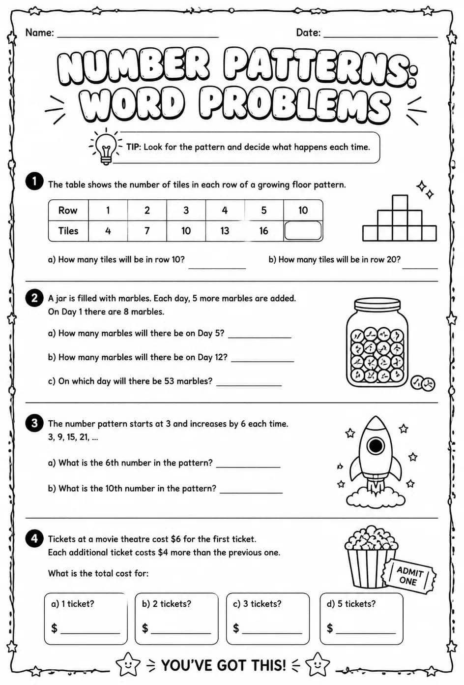 Number patterns: word problems — free printable Grade 4 math worksheet