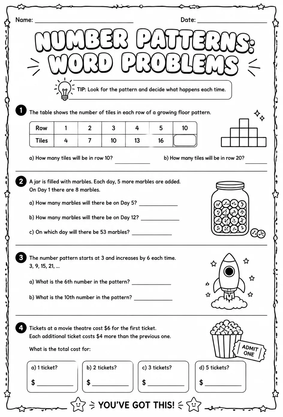 Number patterns: word problems — free printable Grade 4 math worksheet