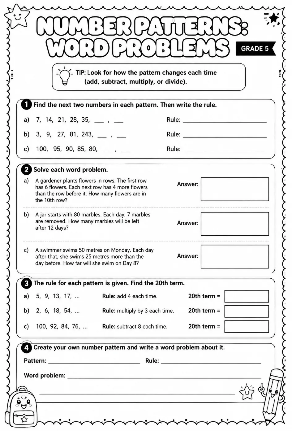 Number patterns: word problems — free printable Grade 5 math worksheet