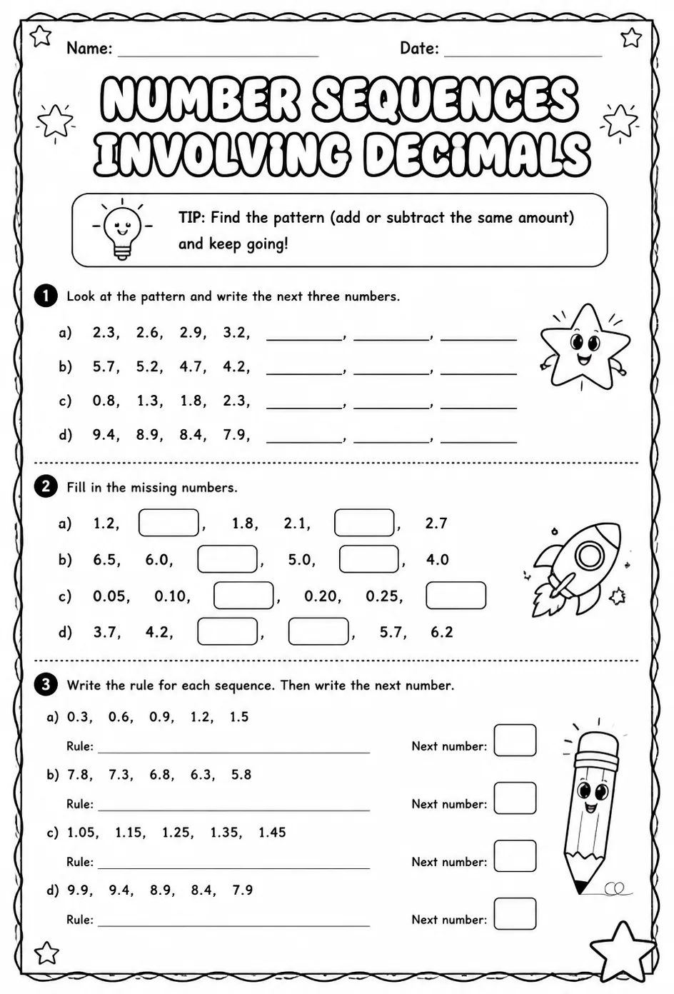 Number sequences involving decimals — free printable Grade 4 math worksheet