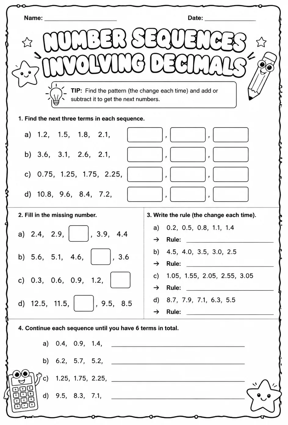 Number sequences involving decimals — free printable Grade 5 math worksheet