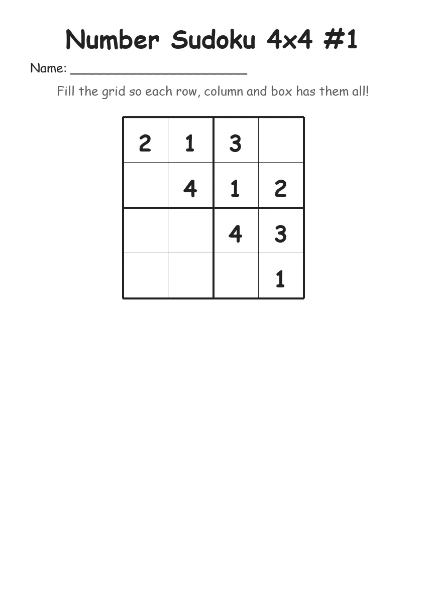 Number Sudoku 4x4 #1 (Kindergarten) worksheet for Kindergarten