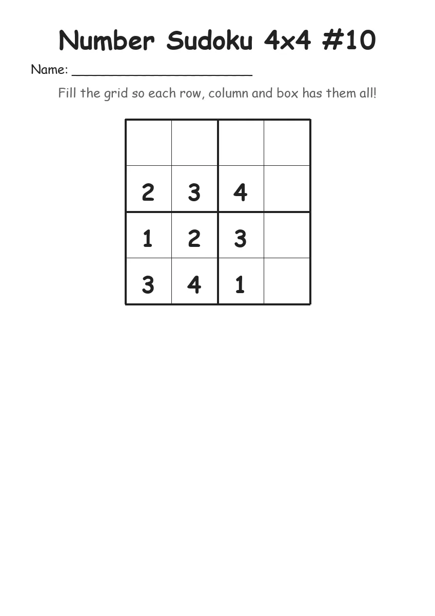 Number Sudoku 4x4 #10 (Kindergarten) worksheet for Kindergarten