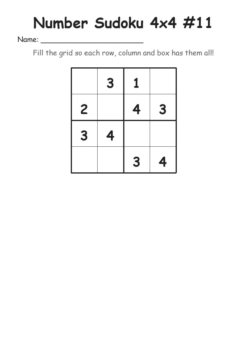 Number Sudoku 4x4 #11 (Kindergarten) worksheet for Kindergarten