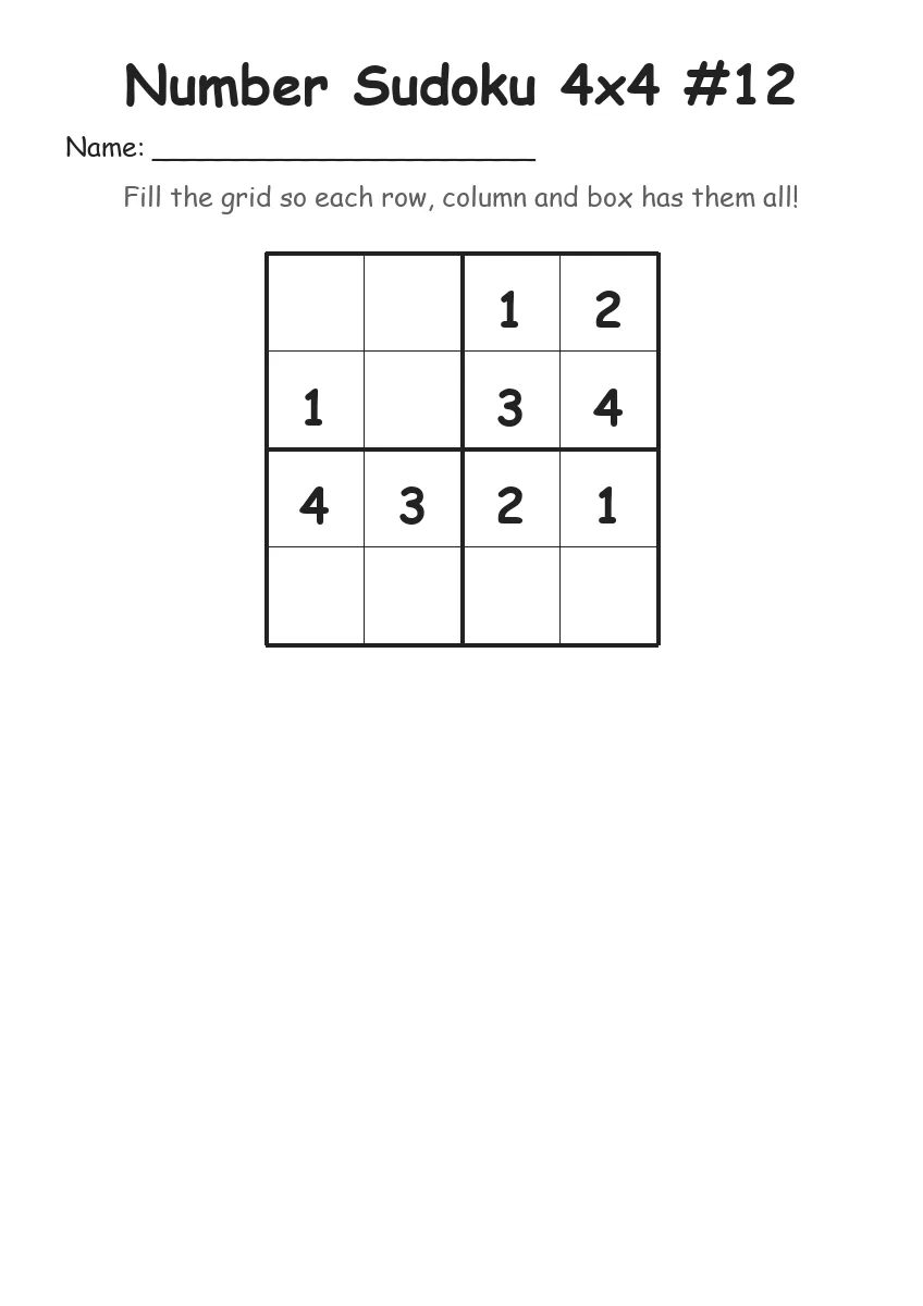 Number Sudoku 4x4 #12 (Kindergarten) worksheet for Kindergarten