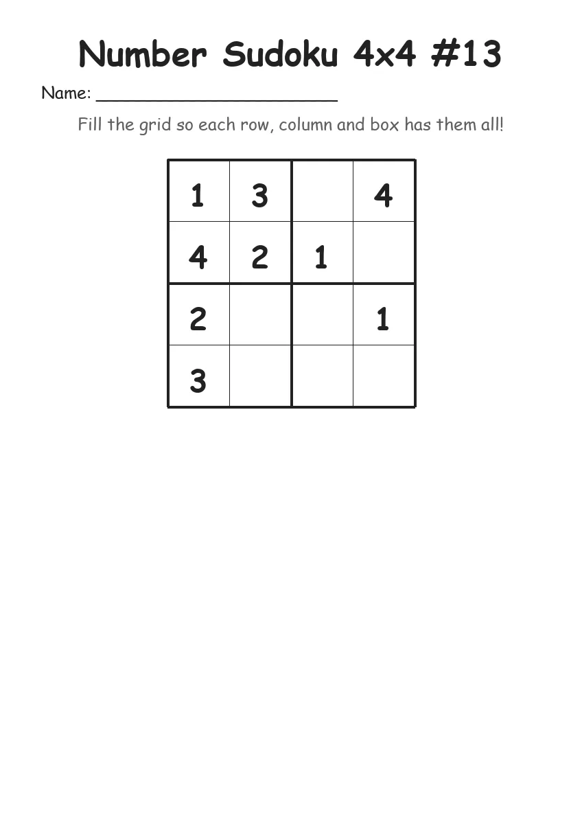 Number Sudoku 4x4 #13 (Kindergarten) worksheet for Kindergarten