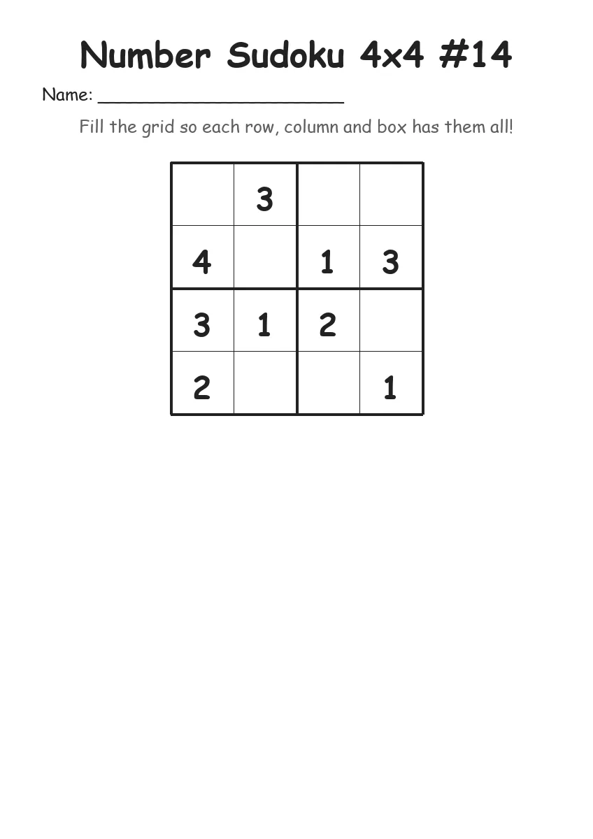 Number Sudoku 4x4 #14 (Kindergarten) worksheet for Kindergarten