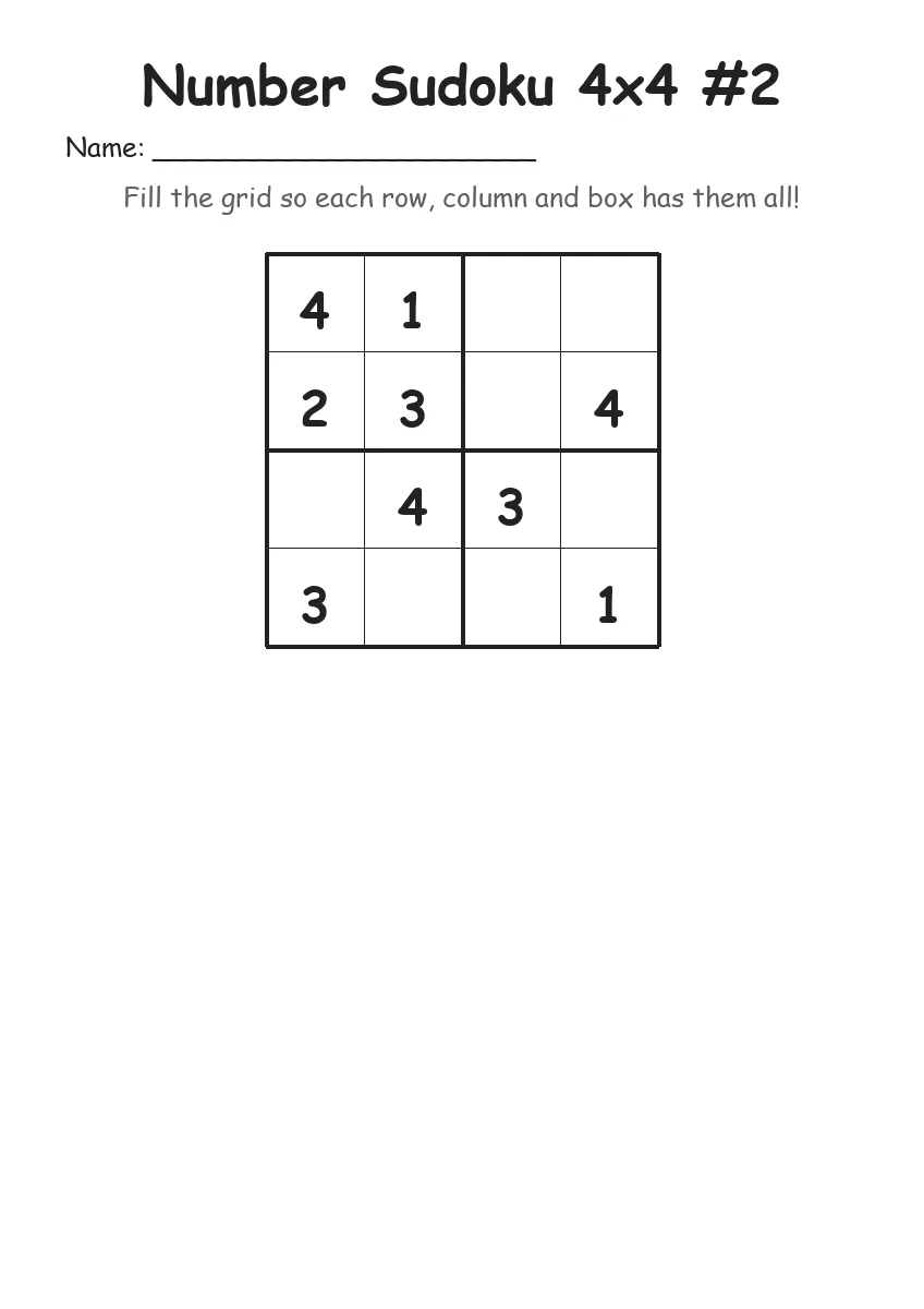 Number Sudoku 4x4 #2 (Kindergarten) worksheet for Kindergarten