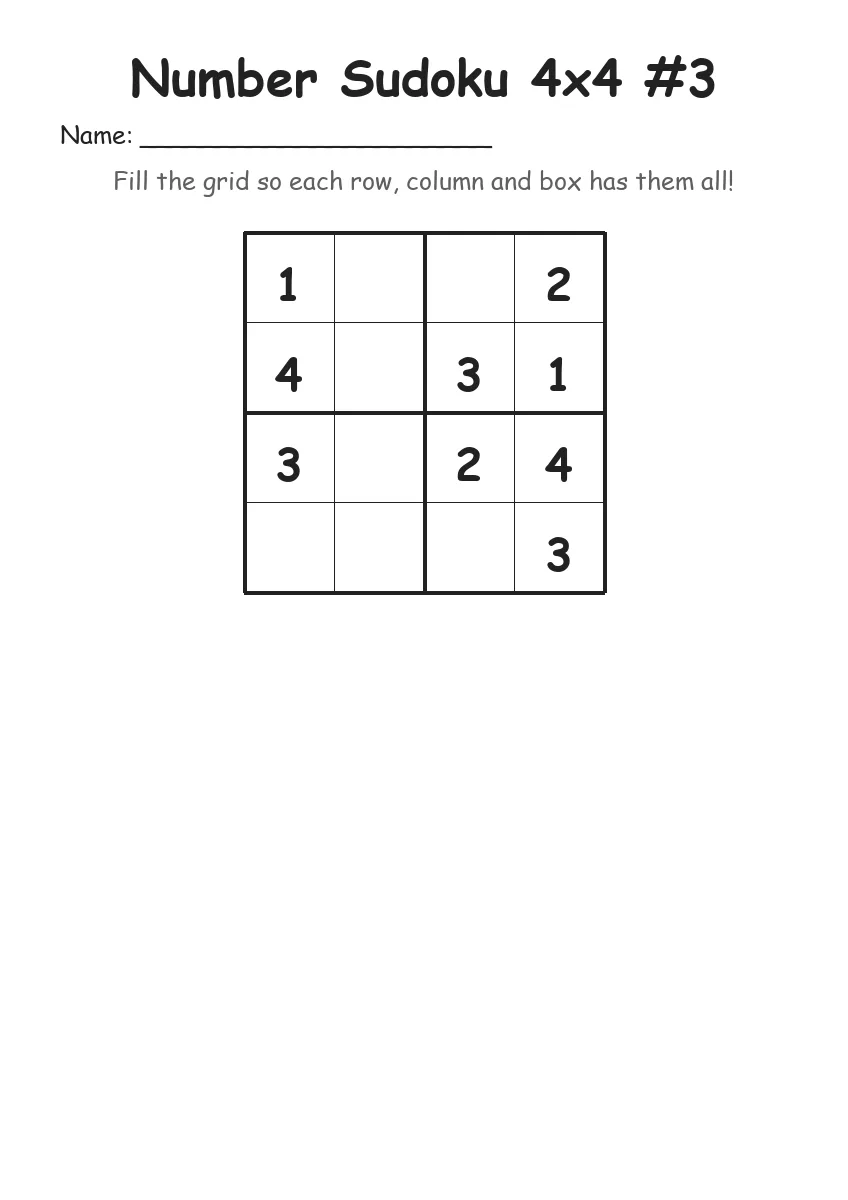 Number Sudoku 4x4 #3 (Kindergarten) worksheet for Kindergarten