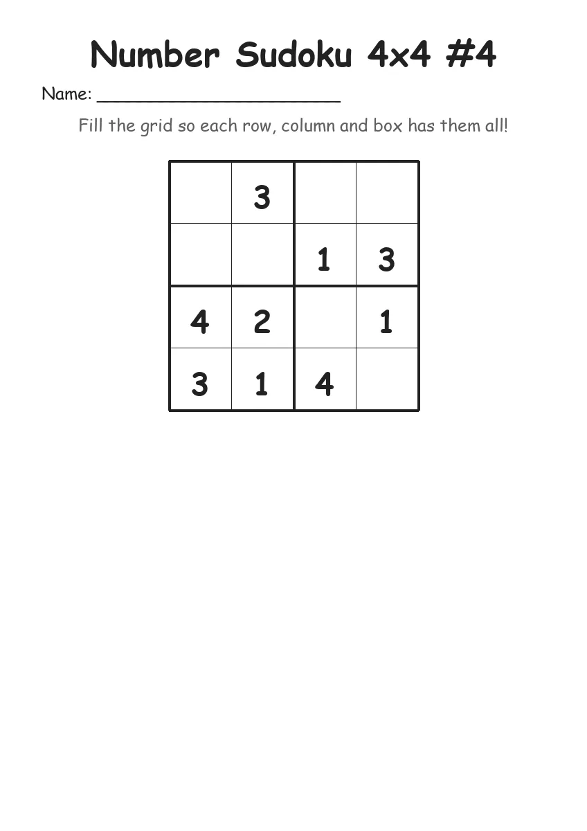 Number Sudoku 4x4 #4 (Kindergarten) worksheet for Kindergarten