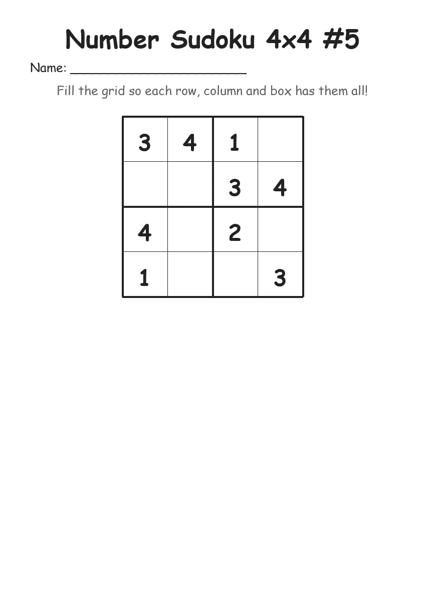 Number Sudoku 4x4 #5 (Kindergarten) worksheet for Kindergarten