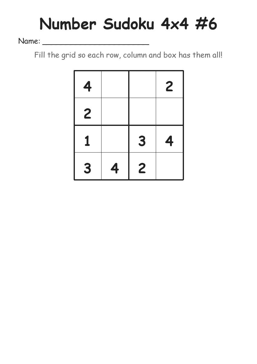 Number Sudoku 4x4 #6 (Kindergarten) worksheet for Kindergarten