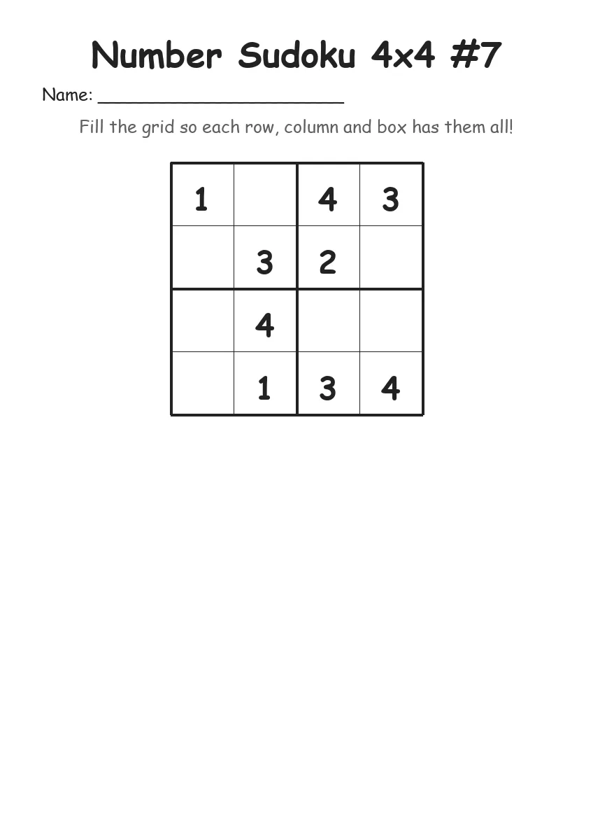 Number Sudoku 4x4 #7 (Kindergarten) worksheet for Kindergarten