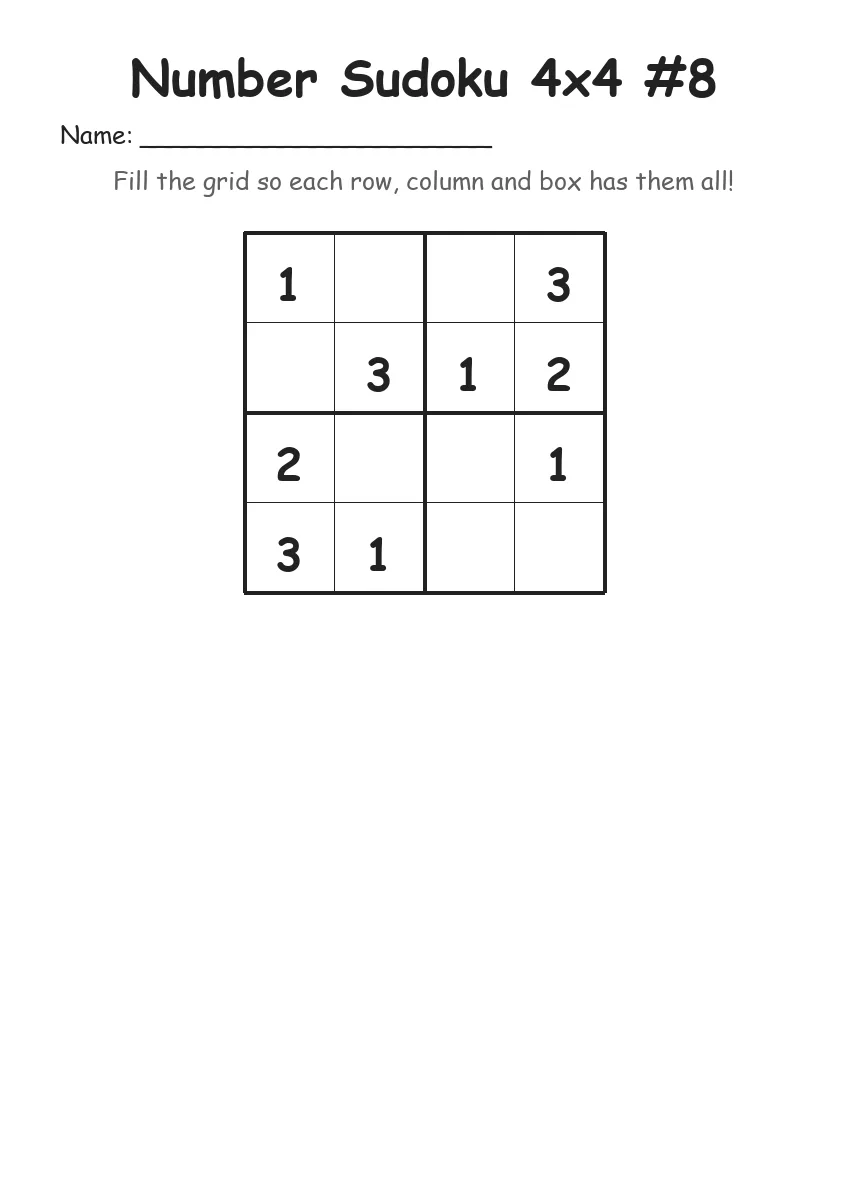 Number Sudoku 4x4 #8 (Kindergarten) worksheet for Kindergarten