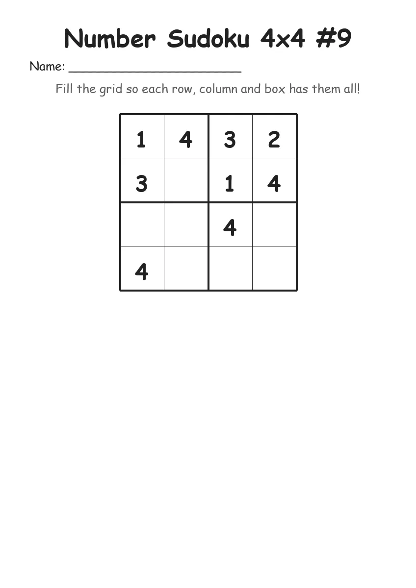 Number Sudoku 4x4 #9 (Kindergarten) worksheet for Kindergarten