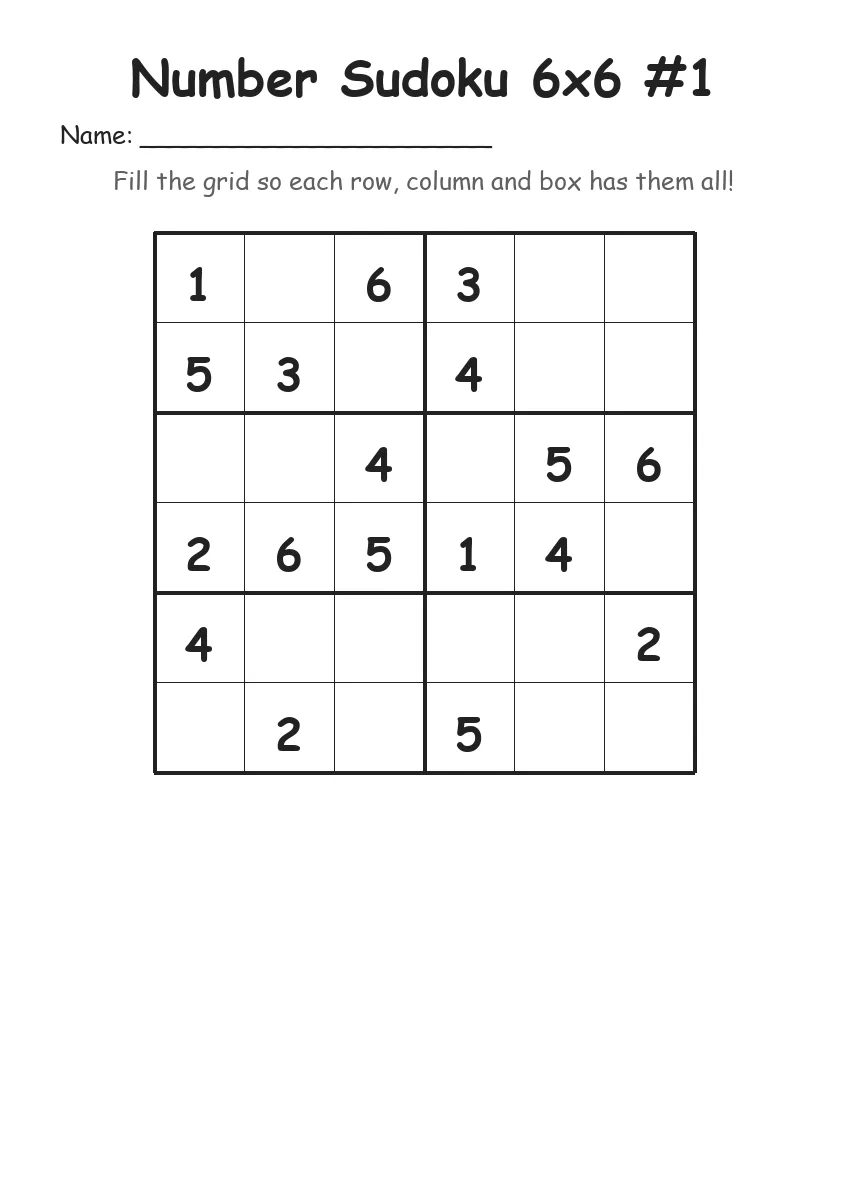 Number Sudoku 6x6 #1 (Grade 2) worksheet for Grade 2