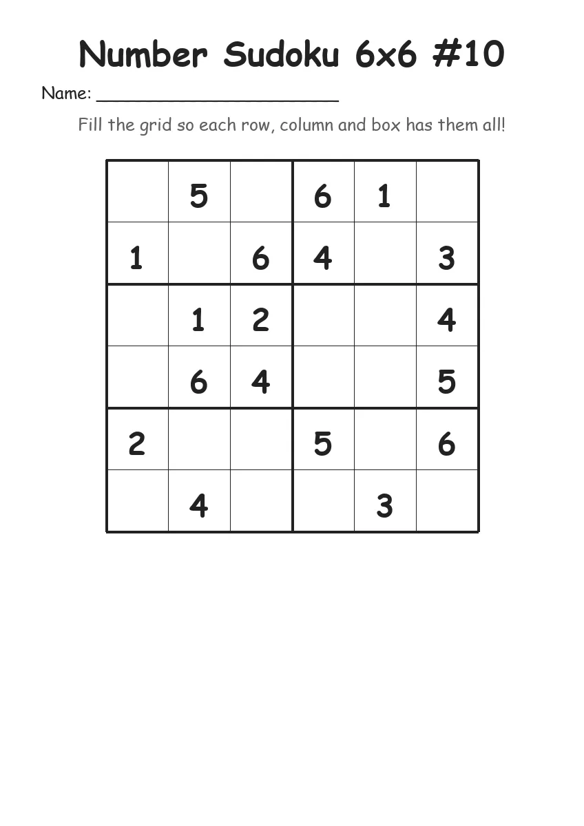 Number Sudoku 6x6 #10 (Grade 2) worksheet for Grade 2