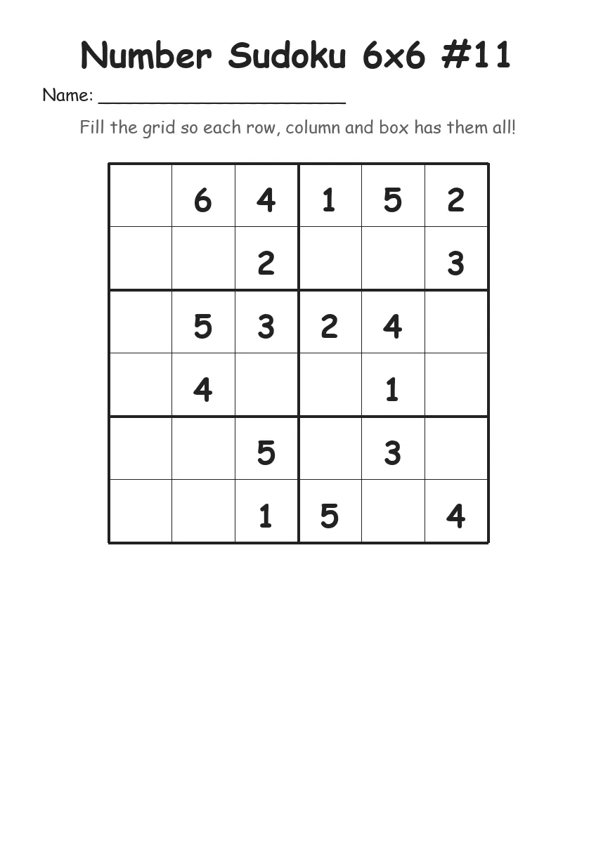 Number Sudoku 6x6 #11 (Grade 2) worksheet for Grade 2