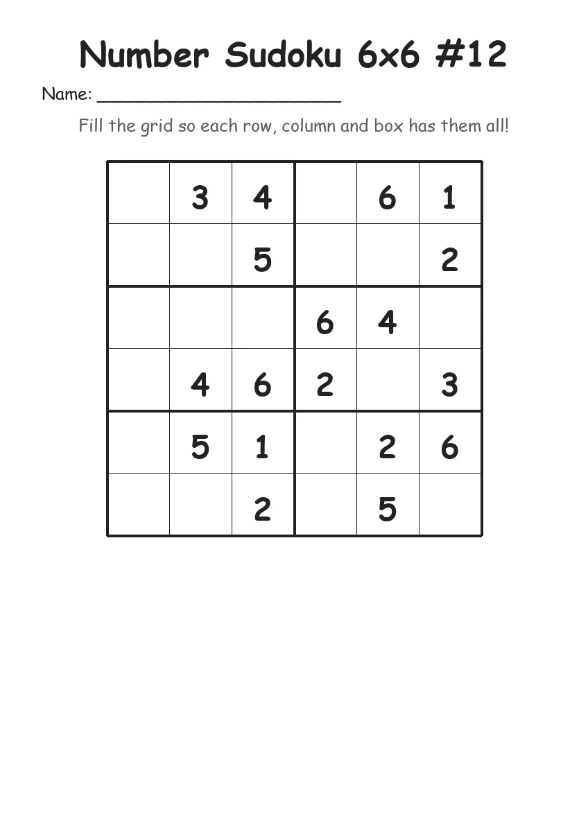 Number Sudoku 6x6 #12 (Grade 2) worksheet for Grade 2