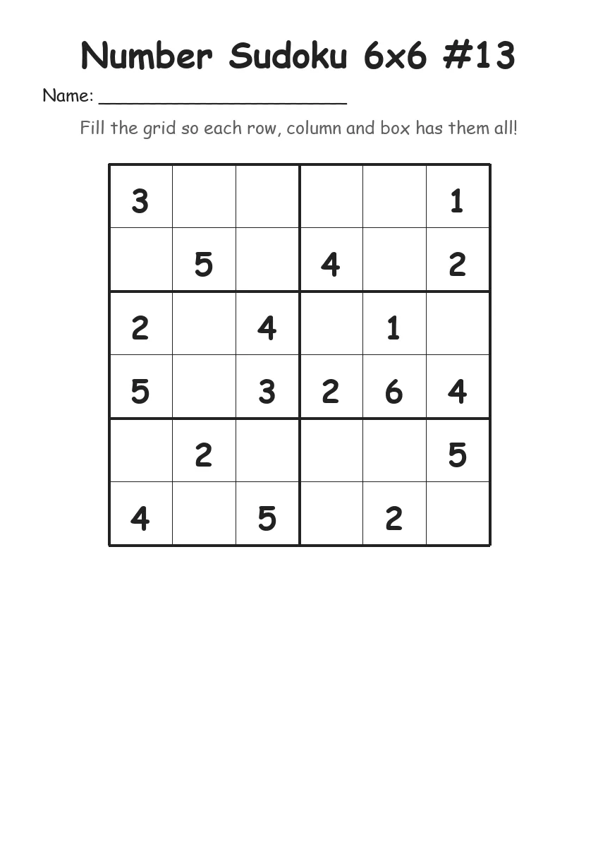 Number Sudoku 6x6 #13 (Grade 2) worksheet for Grade 2