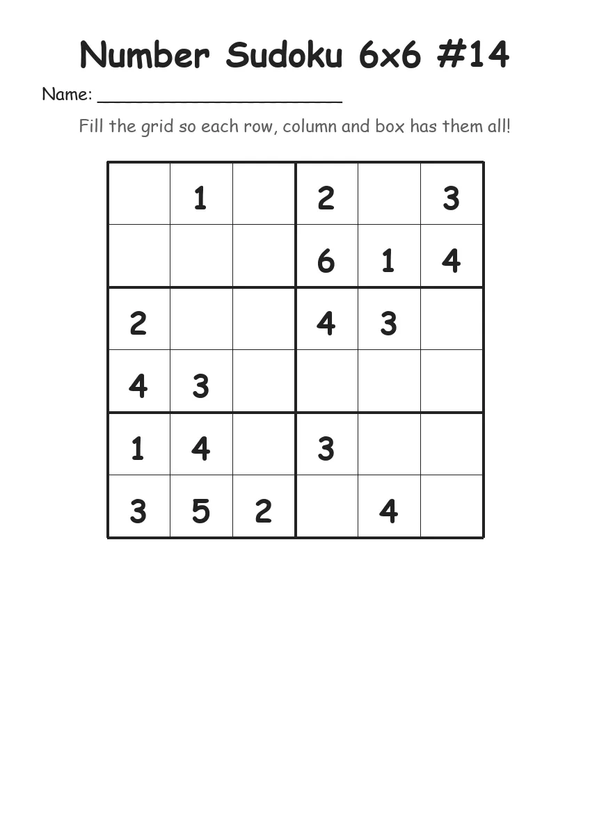 Number Sudoku 6x6 #14 (Grade 2) worksheet for Grade 2