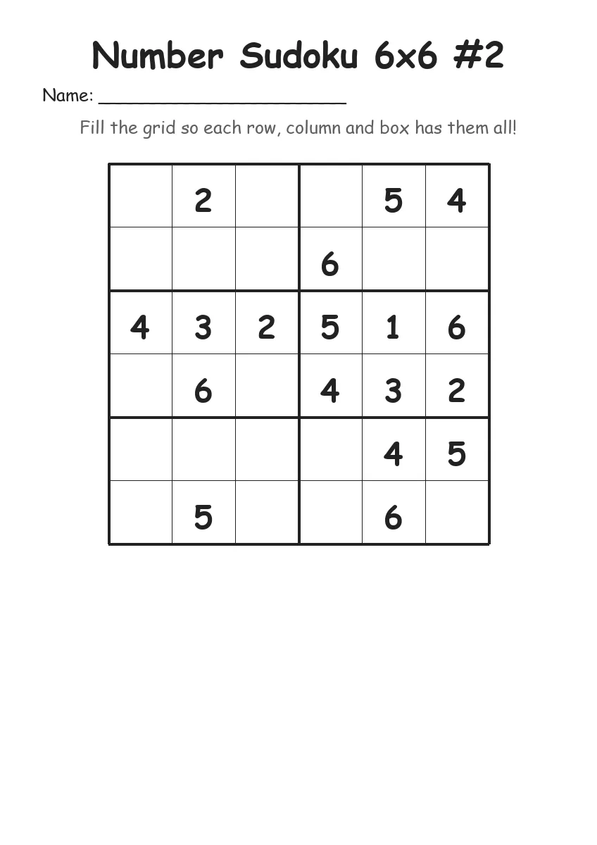 Number Sudoku 6x6 #2 (Grade 2) worksheet for Grade 2