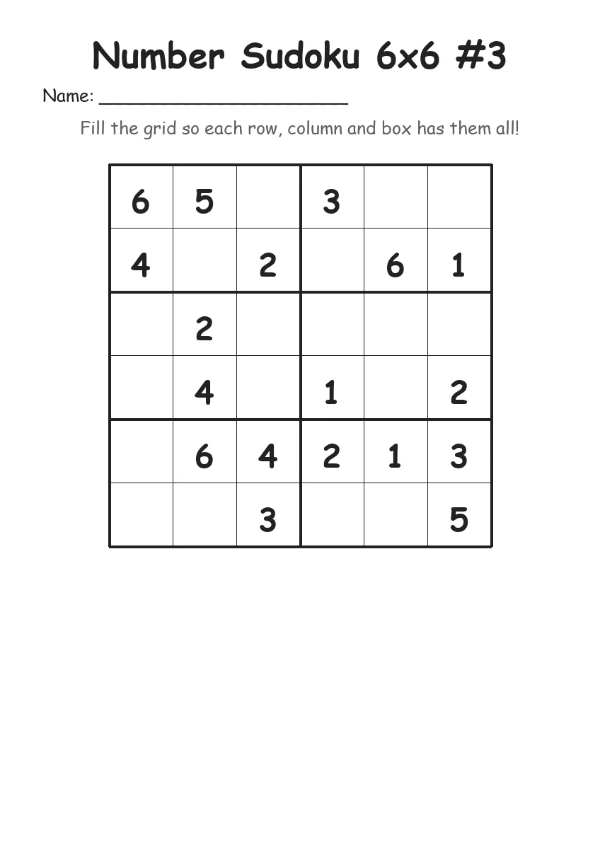 Number Sudoku 6x6 #3 (Grade 2) worksheet for Grade 2