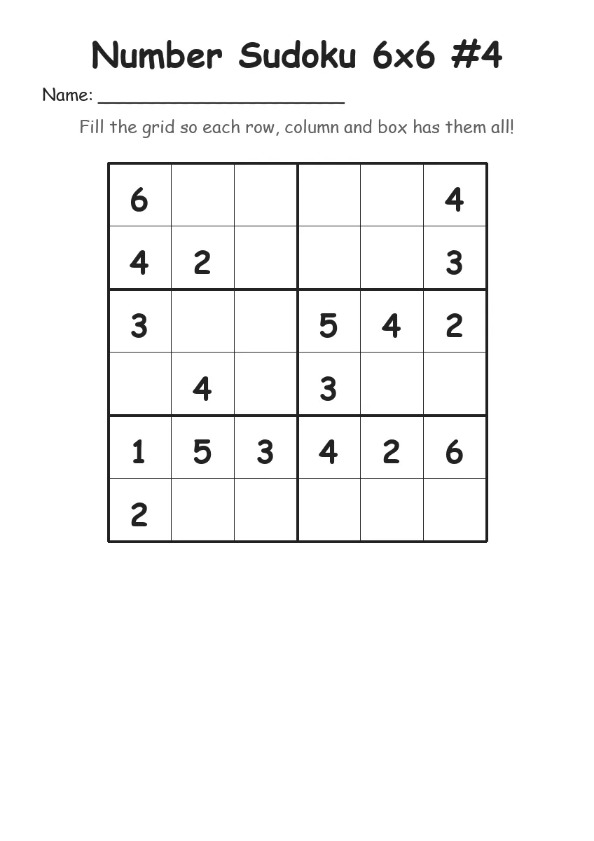 Number Sudoku 6x6 #4 (Grade 2) worksheet for Grade 2