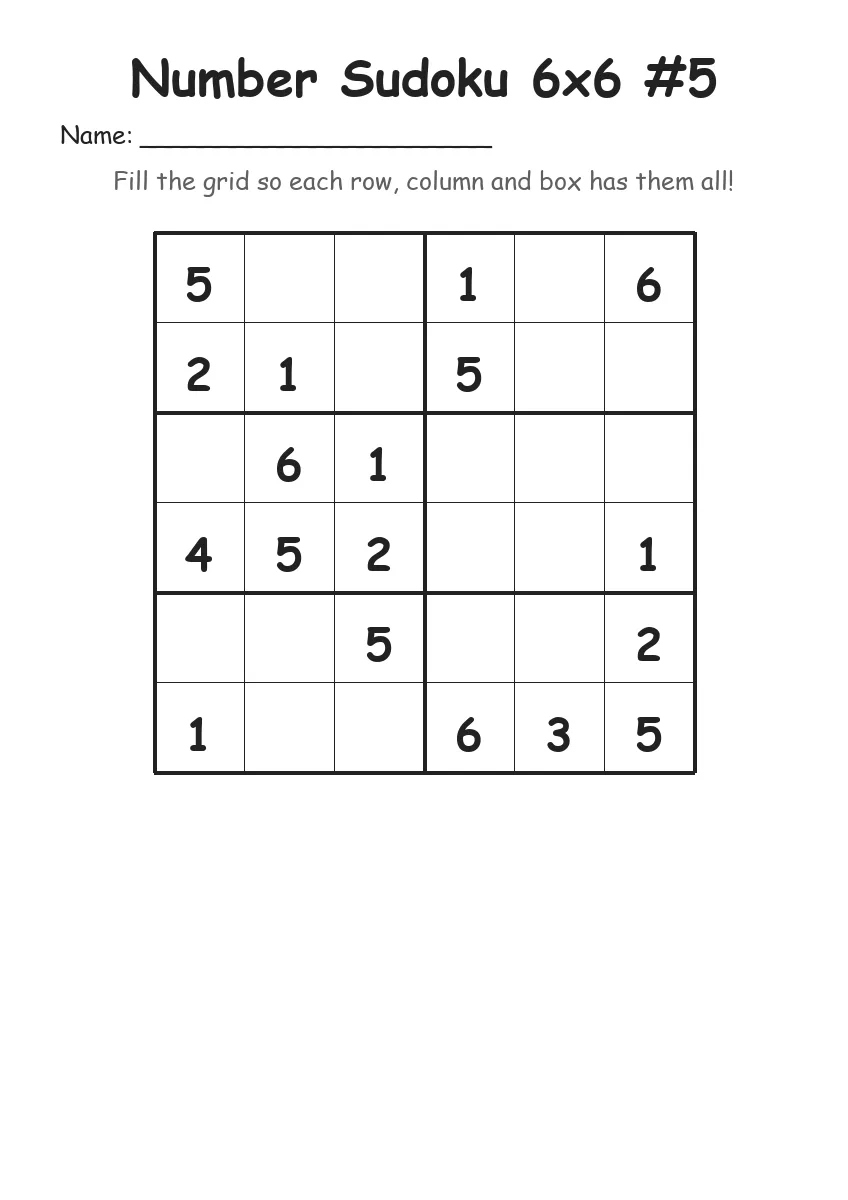 Number Sudoku 6x6 #5 (Grade 2) worksheet for Grade 2