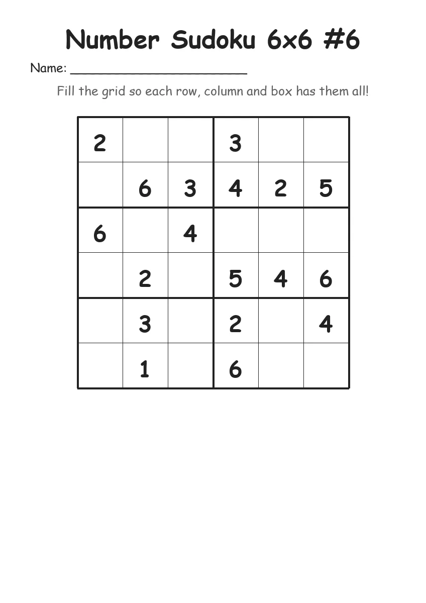 Number Sudoku 6x6 #6 (Grade 2) worksheet for Grade 2