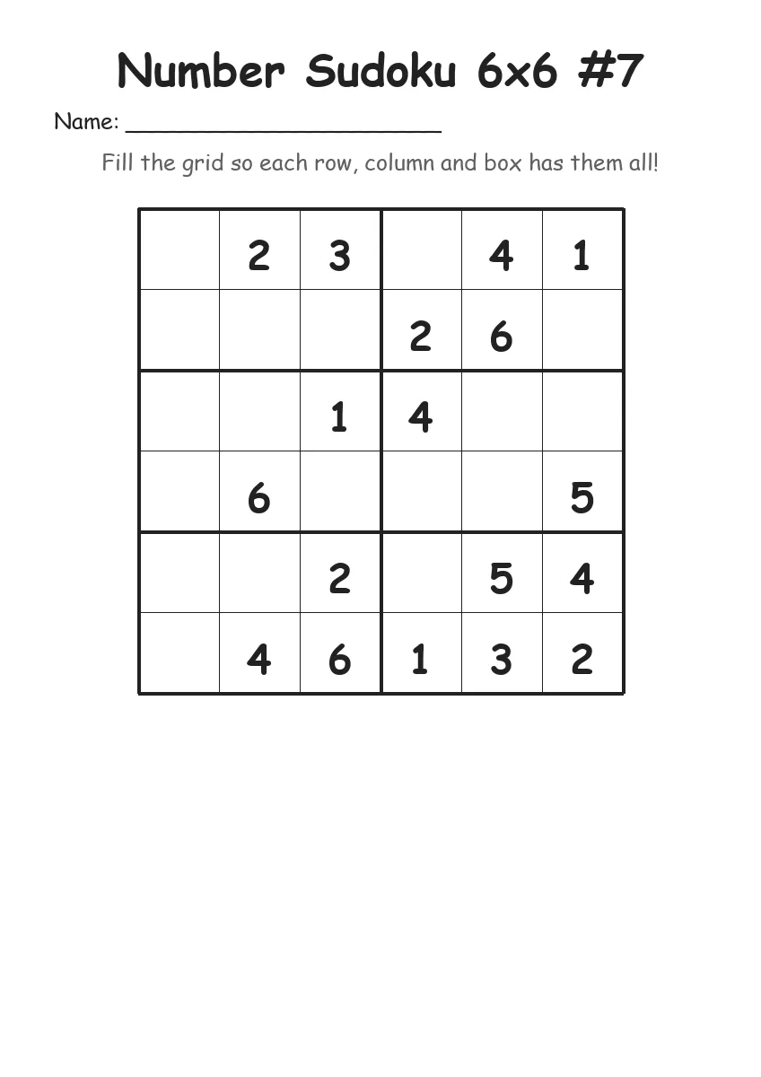 Number Sudoku 6x6 #7 (Grade 2) worksheet for Grade 2