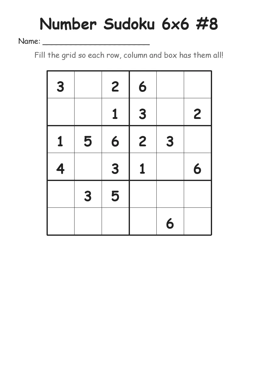 Number Sudoku 6x6 #8 (Grade 2) worksheet for Grade 2