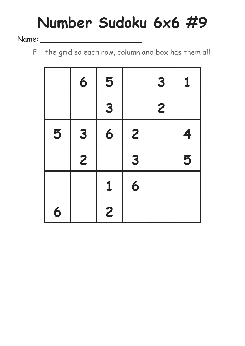 Number Sudoku 6x6 #9 (Grade 2) worksheet for Grade 2
