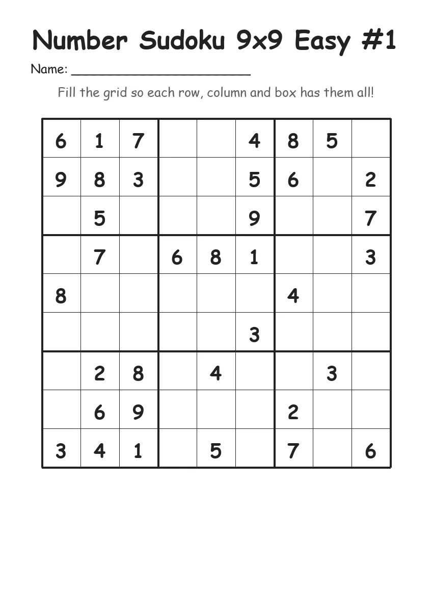 Number Sudoku 9x9 Easy #1 (Grade 3) worksheet for Grade 3