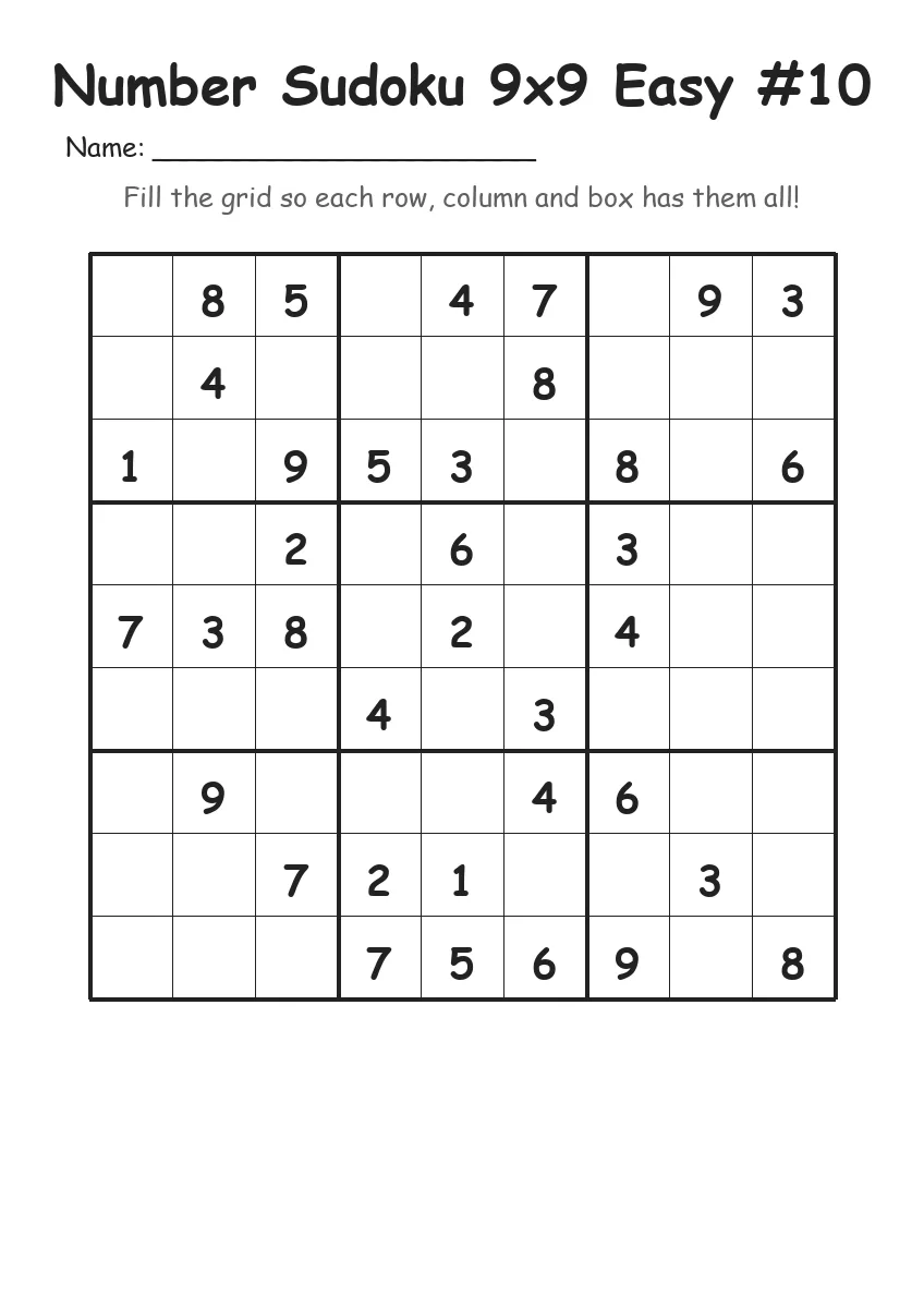 Number Sudoku 9x9 Easy #10 (Grade 3) worksheet for Grade 3