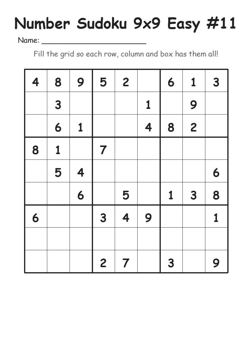 Number Sudoku 9x9 Easy #11 (Grade 3) worksheet for Grade 3