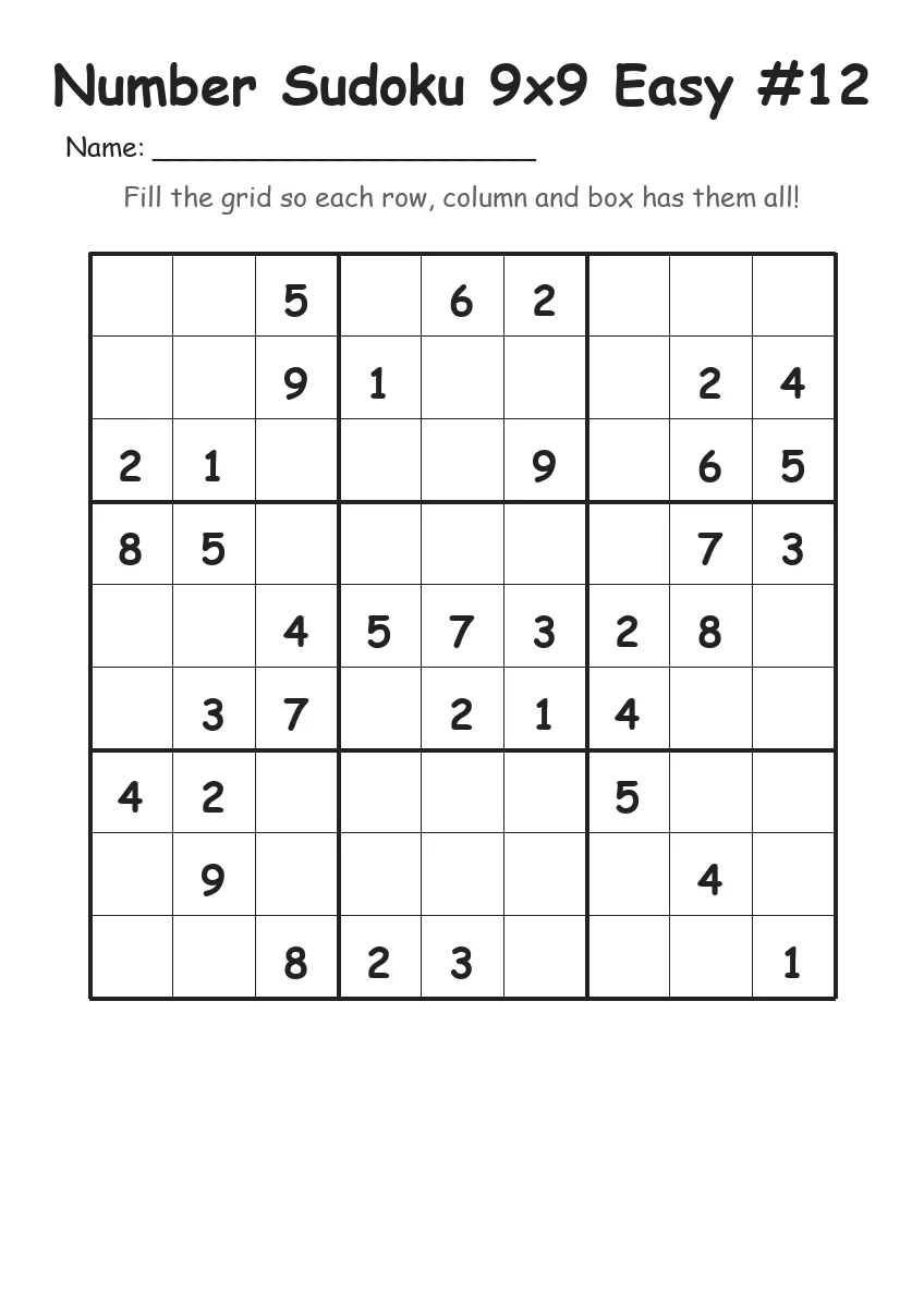 Number Sudoku 9x9 Easy #12 (Grade 3) worksheet for Grade 3