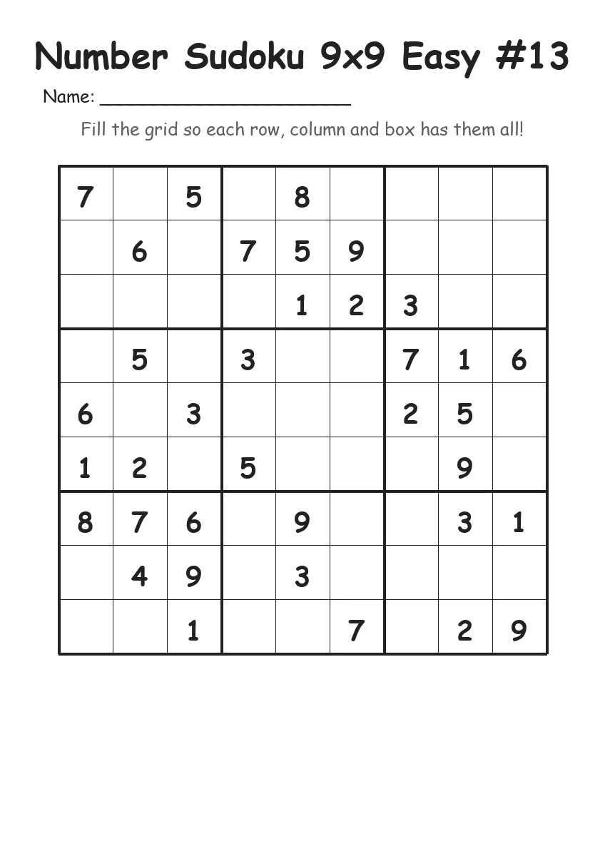 Number Sudoku 9x9 Easy #13 (Grade 3) worksheet for Grade 3