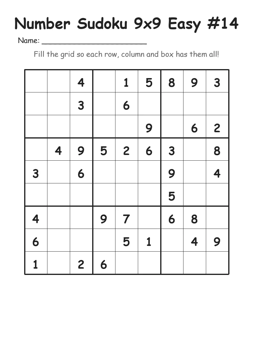 Number Sudoku 9x9 Easy #14 (Grade 3) worksheet for Grade 3