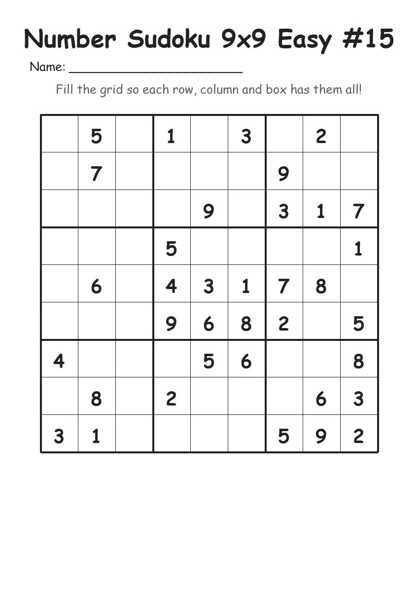 Number Sudoku 9x9 Easy #15 (Grade 3) worksheet for Grade 3