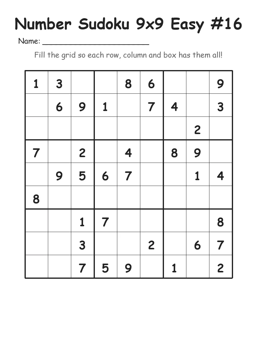 Number Sudoku 9x9 Easy #16 (Grade 3) worksheet for Grade 3