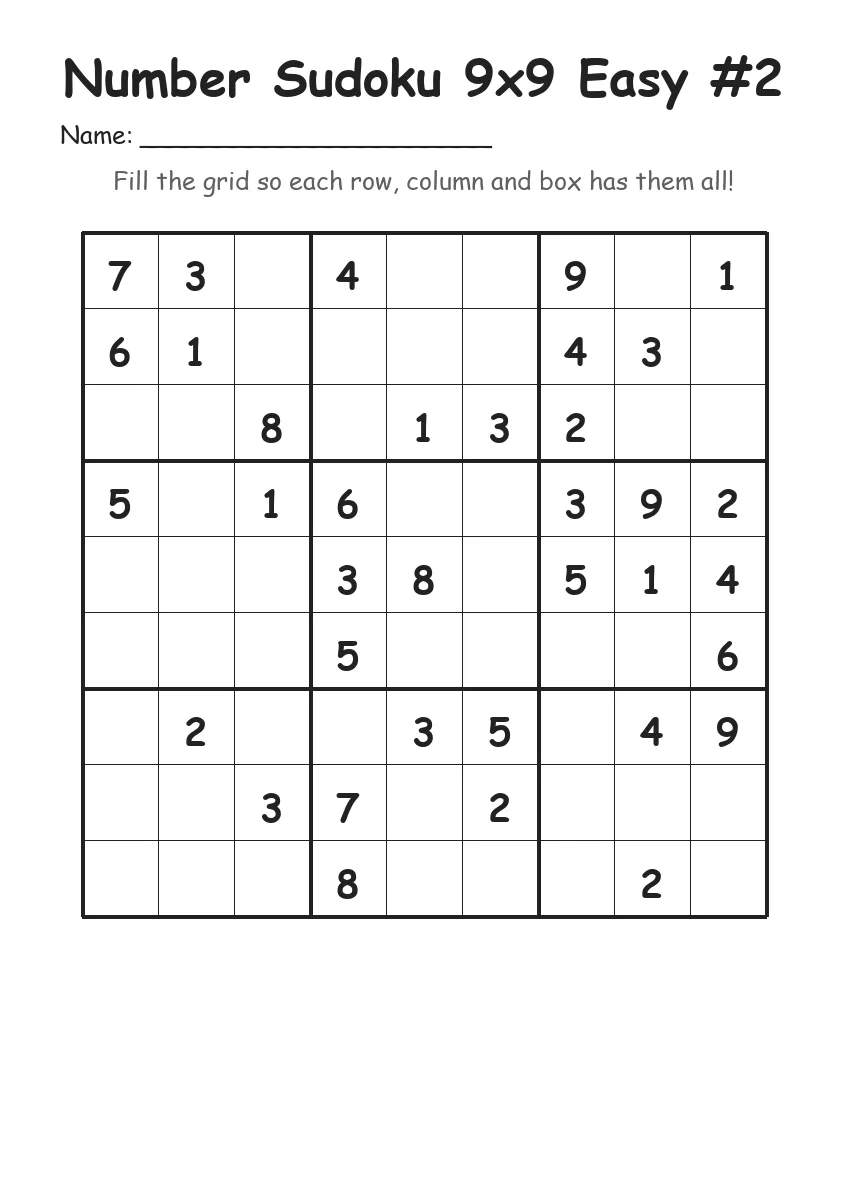 Number Sudoku 9x9 Easy #2 (Grade 3) worksheet for Grade 3