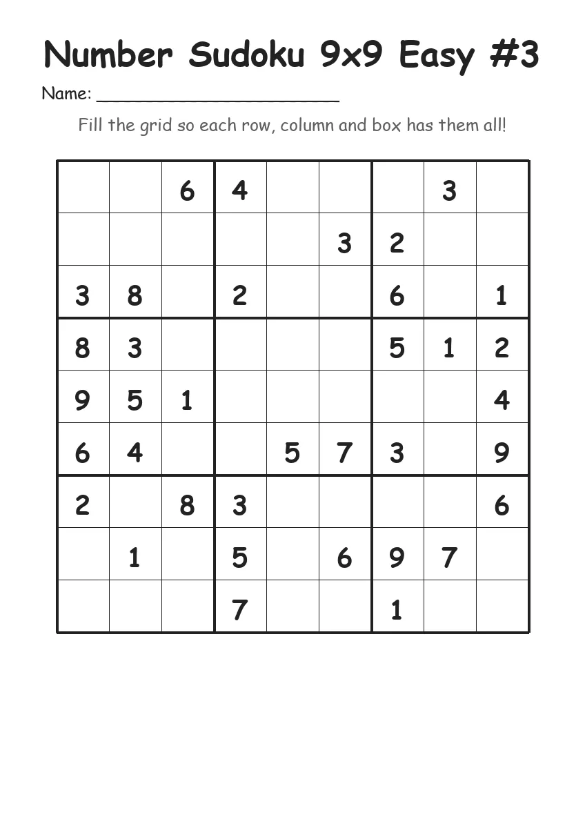 Number Sudoku 9x9 Easy #3 (Grade 3) worksheet for Grade 3