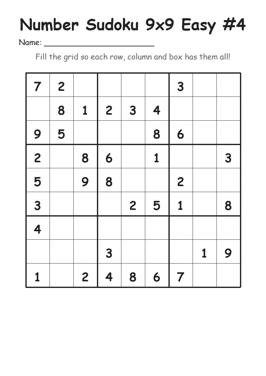 Number Sudoku 9x9 Easy #4 (Grade 3) worksheet for Grade 3