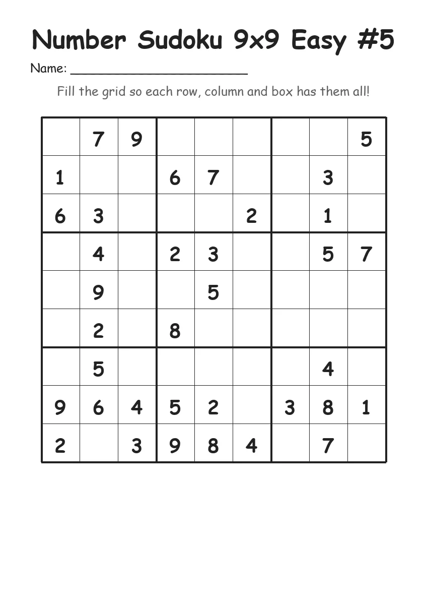 Number Sudoku 9x9 Easy #5 (Grade 3) worksheet for Grade 3